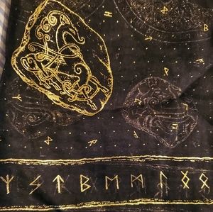 Black and gold silk scarf with wiccan imagery